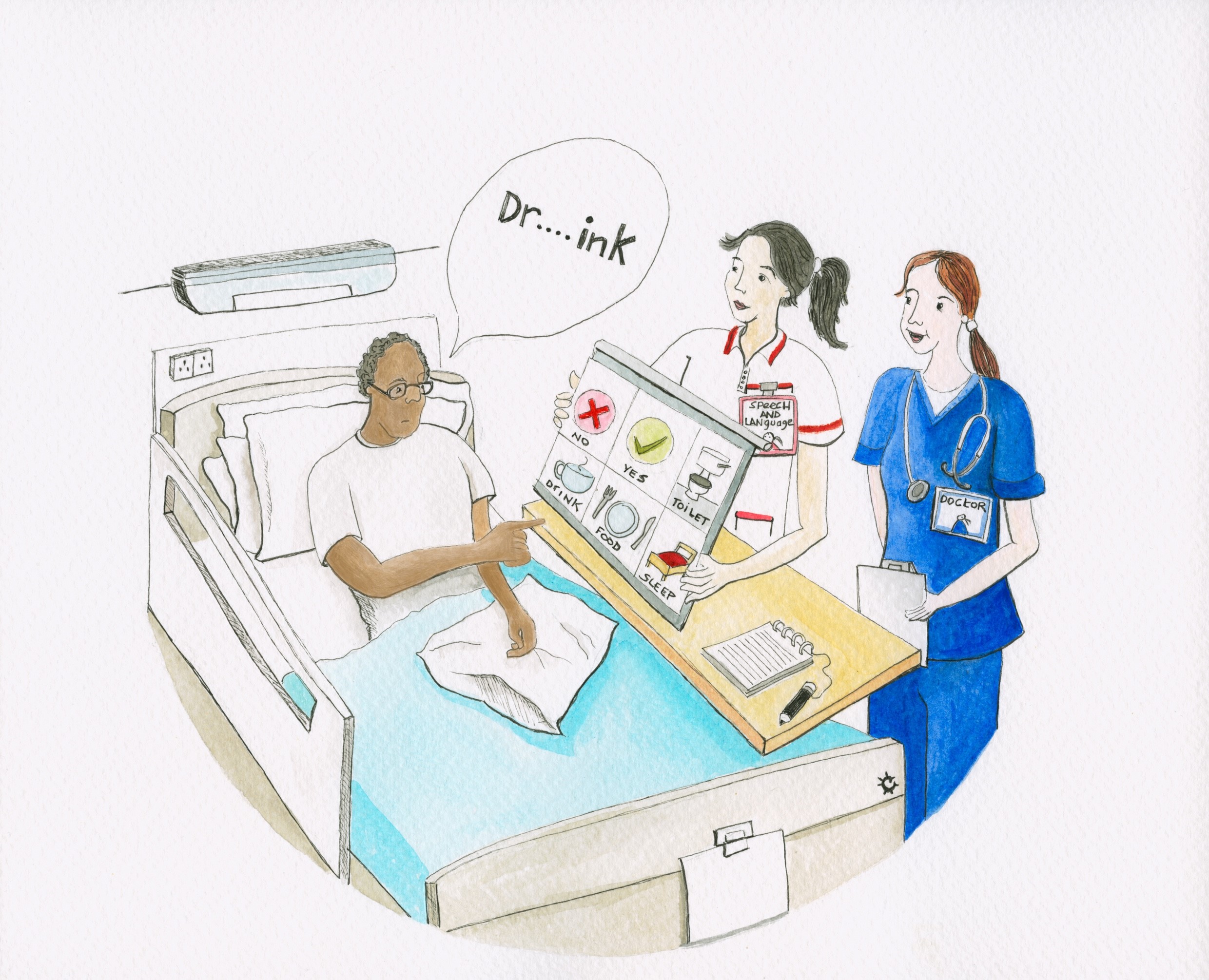 The Speech and Language Therapist helps with problems related to speech, talking, writing, reading and understanding words (aphasia)