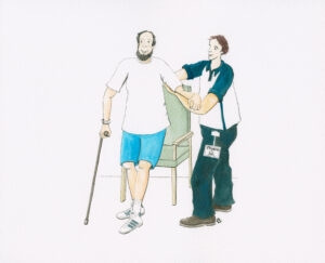 The Physio Therapist helps a person to regain movement in their lets and arms.